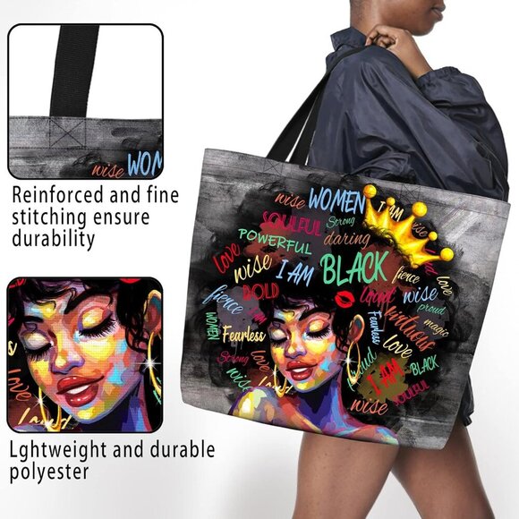 Women Tote Bag Polyester Large Capacity Black Girl Magic Shoulder Handbag - Picture 3 of 6